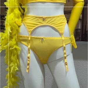5 PC Yellow Santa Garter, thong, gloves & over the knee thigh high socks set nwt